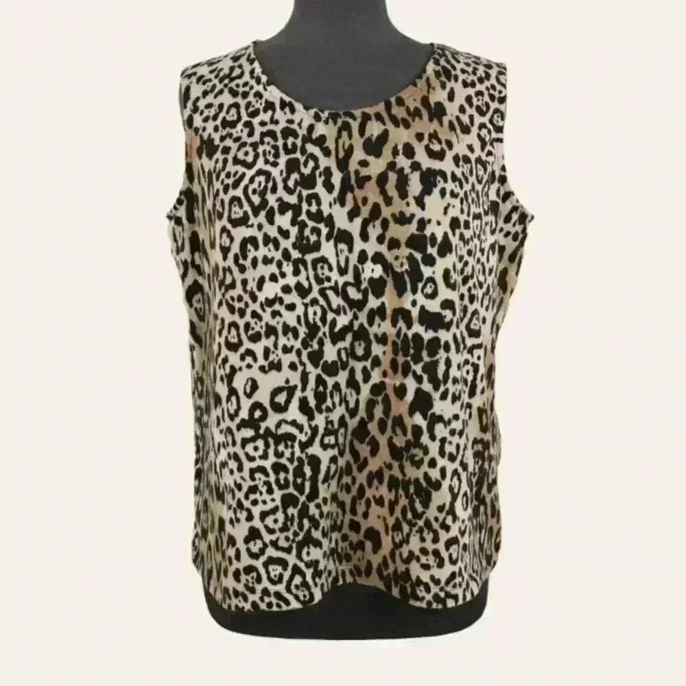 TanJay Petites Women’s Tank Top PM Beige Black Leopard Print Sleeveless Stretch